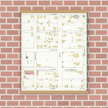 Old map wall art mockup — magnetic wood frame on brick wall — Sanborn Fire Insurance Map from Cuero, De Witt County, Texas (1912), Sheet #0005