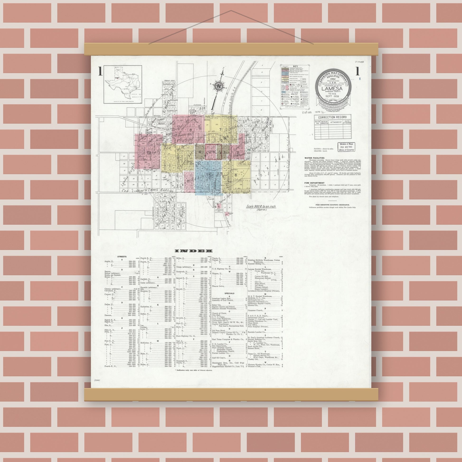 Old map wall art mockup — magnetic wood frame on brick wall — Sanborn Fire Insurance Map from Lamesa, Dawson County, Texas (1939), Sheet #0001
