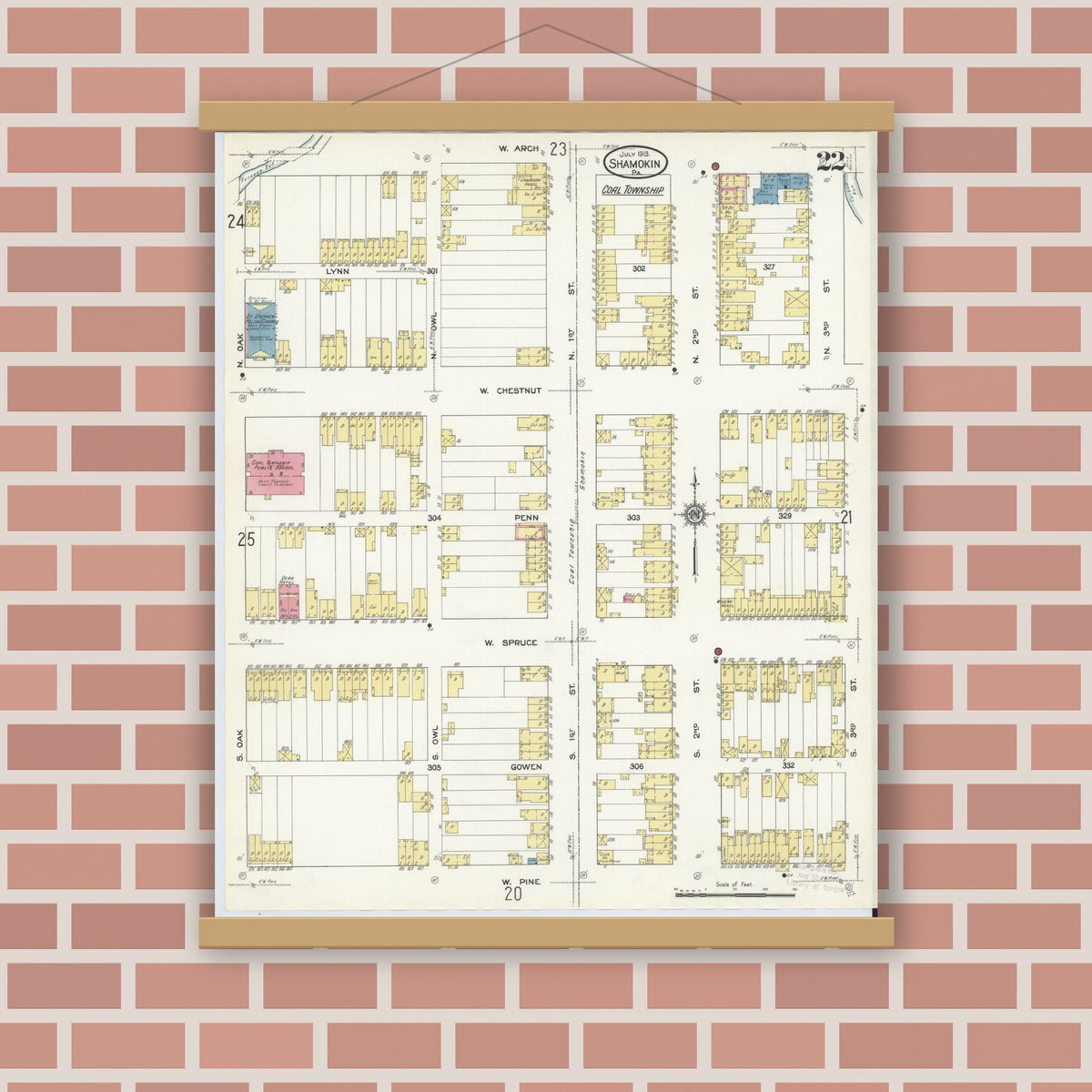 Old map wall art mockup — magnetic wood frame on brick wall — Sanborn Fire Insurance Map from Shamokin, Northumberland County, Pennsylvania (1913), Sheet #0022
