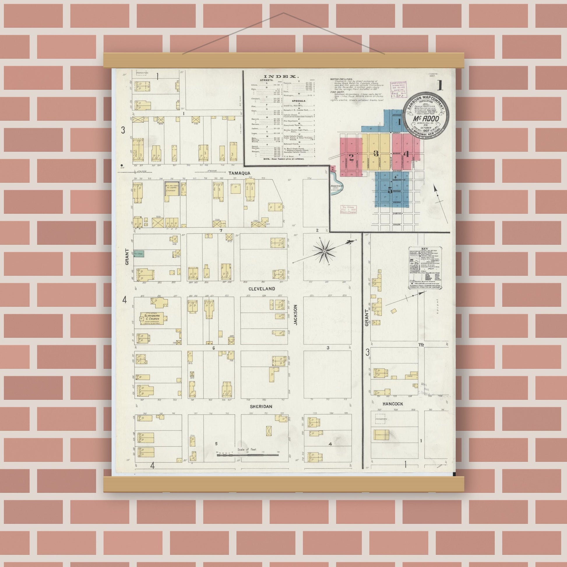 Old map wall art mockup — magnetic wood frame on brick wall — Sanborn Fire Insurance Map from McAdoo, Schuylkill County, Pennsylvania (1907) - Complete Map Set