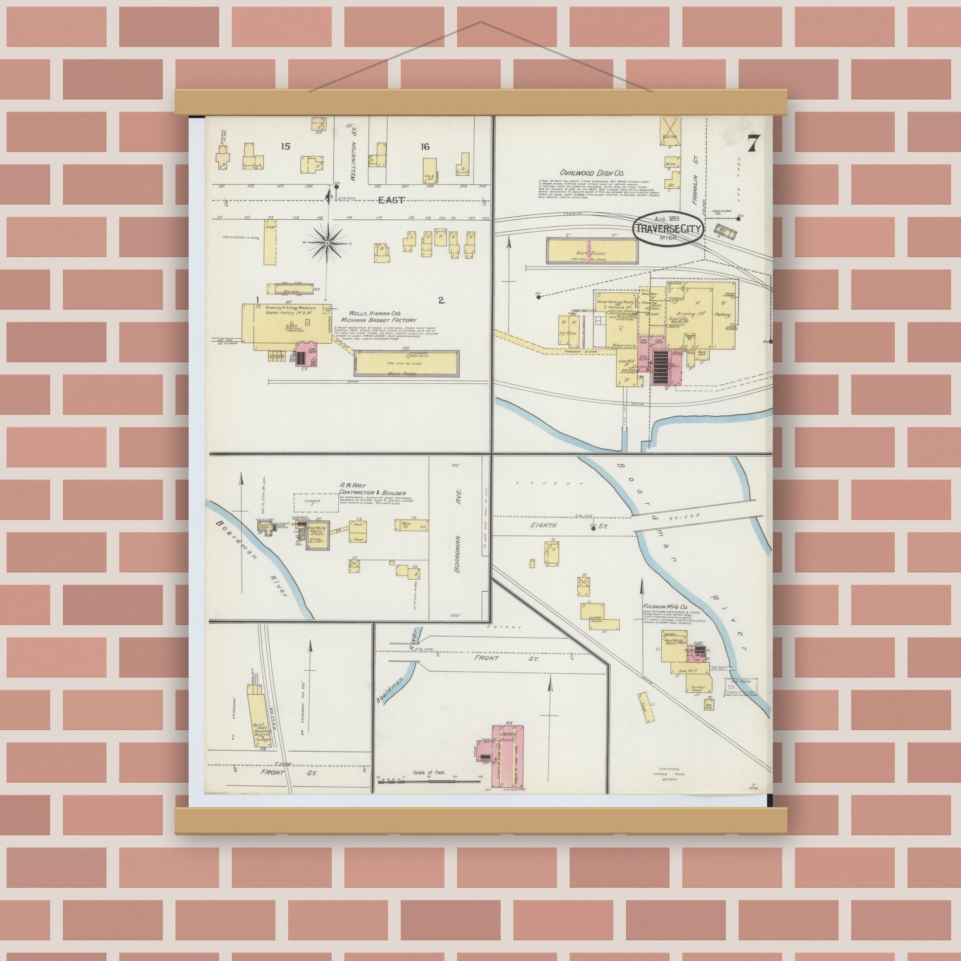 Old map wall art mockup — magnetic wood frame on brick wall — Sanborn Fire Insurance Map from Traverse City, Grand Traverse County, Michigan (1893), Sheet #0007