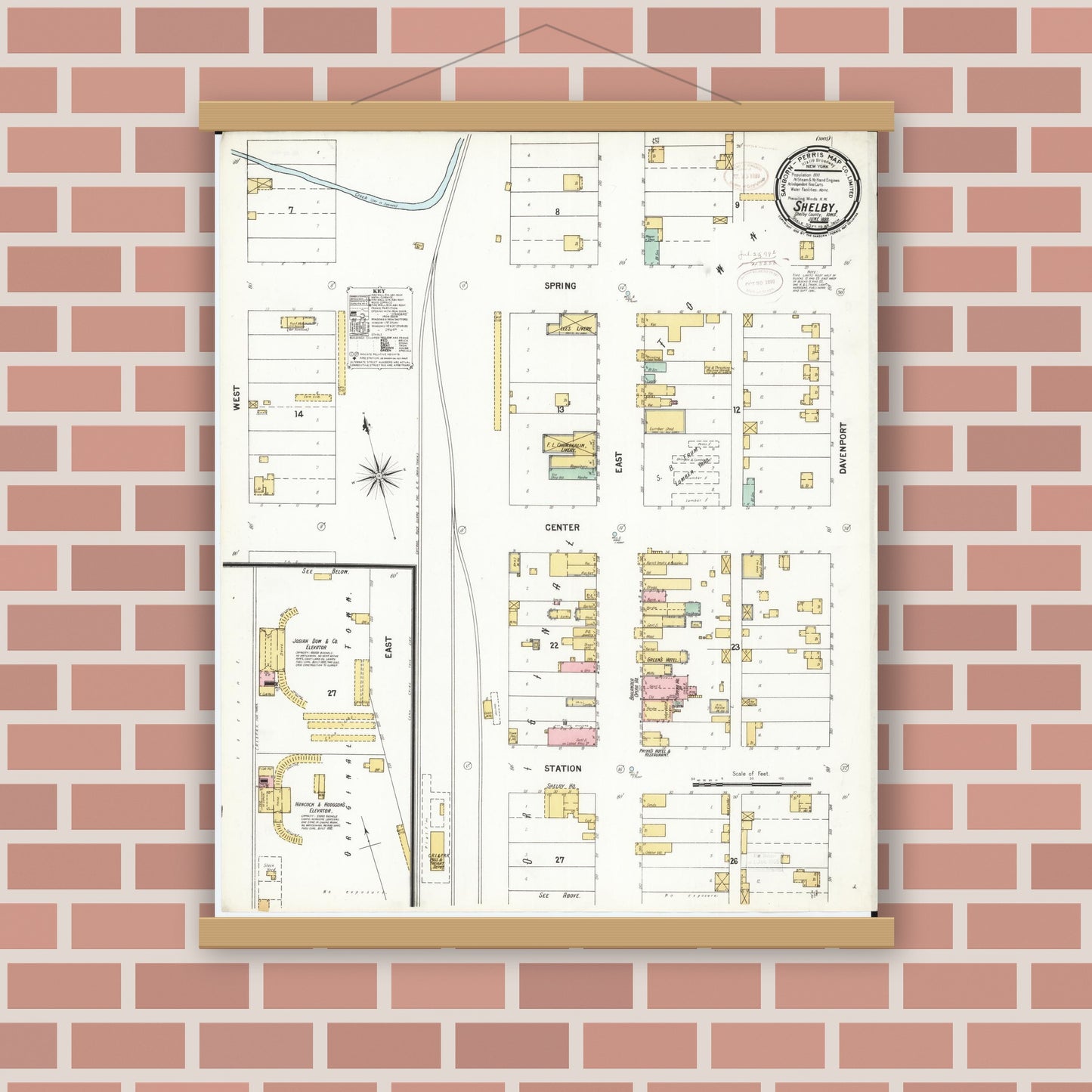 Old map wall art mockup — magnetic wood frame on brick wall — Sanborn Fire Insurance Map from Shelby, Shelby County, Iowa (1899), Sheet #0001