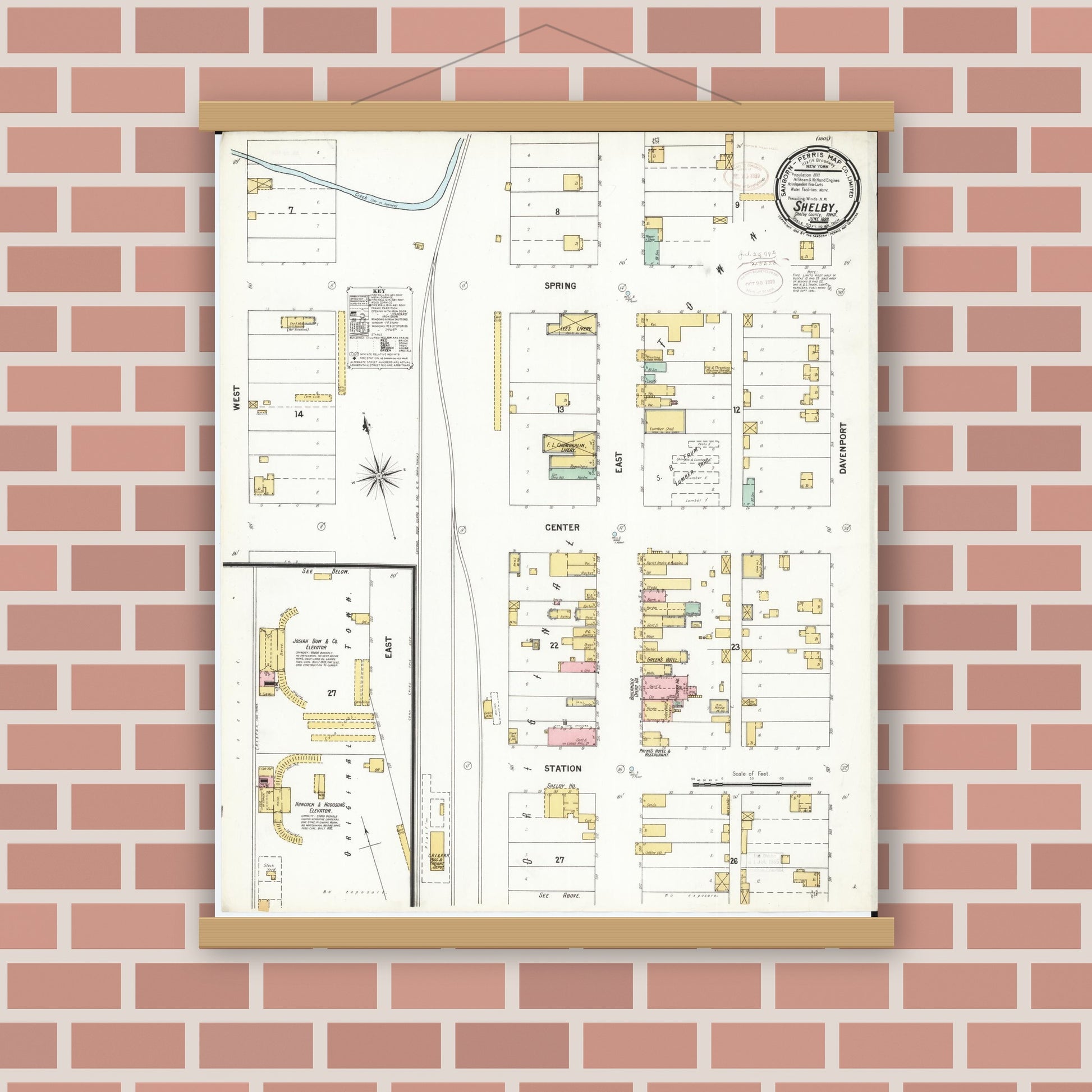 Old map wall art mockup — magnetic wood frame on brick wall — Sanborn Fire Insurance Map from Shelby, Shelby County, Iowa (1899), Sheet #0001