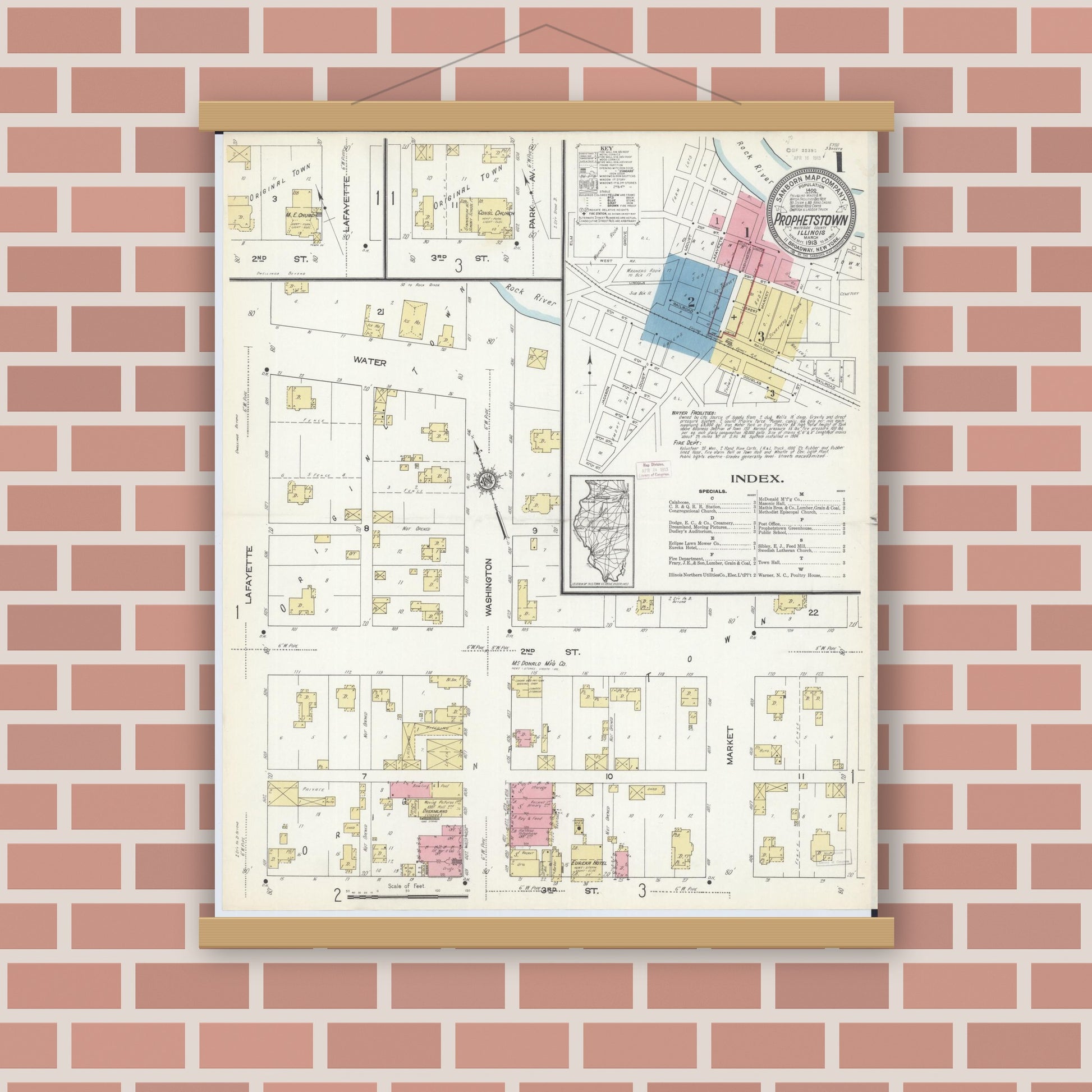 Old map wall art mockup — magnetic wood frame on brick wall — Sanborn Fire Insurance Map from Prophetstown, Whiteside County, Illinois (1913) - Complete Map Set