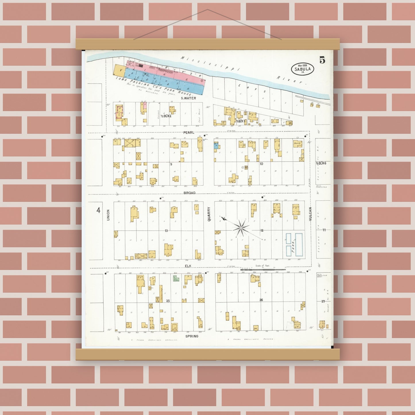 Old map wall art mockup — magnetic wood frame on brick wall — Sanborn Fire Insurance Map from Sabula, Jackson County, Iowa (1899), Sheet #0005