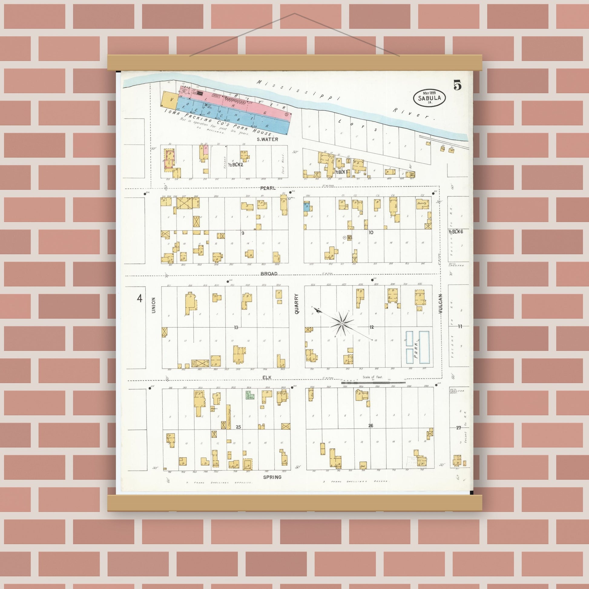 Old map wall art mockup — magnetic wood frame on brick wall — Sanborn Fire Insurance Map from Sabula, Jackson County, Iowa (1899), Sheet #0005