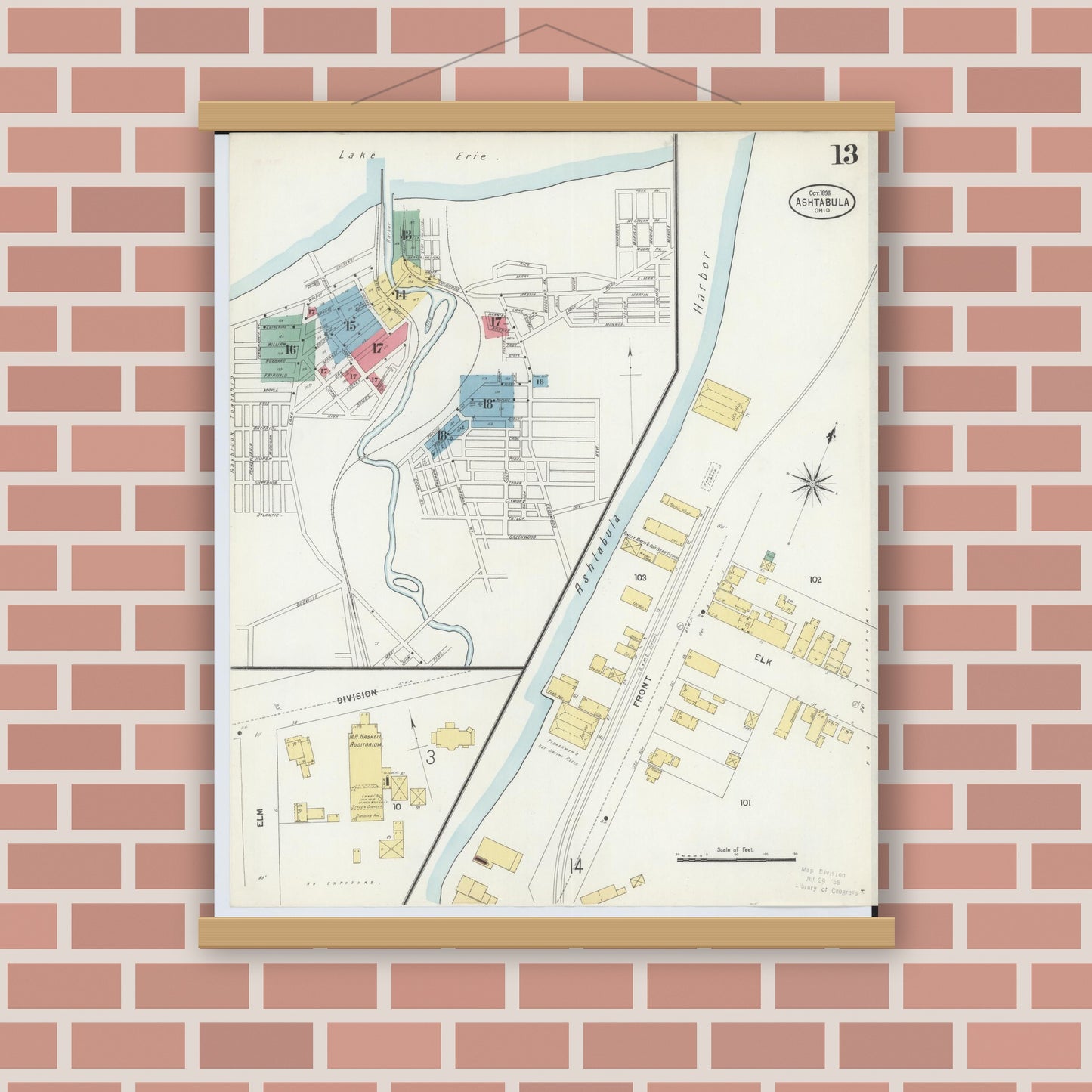 Old map wall art mockup — magnetic wood frame on brick wall — Sanborn Fire Insurance Map from Ashtabula, Ashtabula County, Ohio (1898), Sheet #0013
