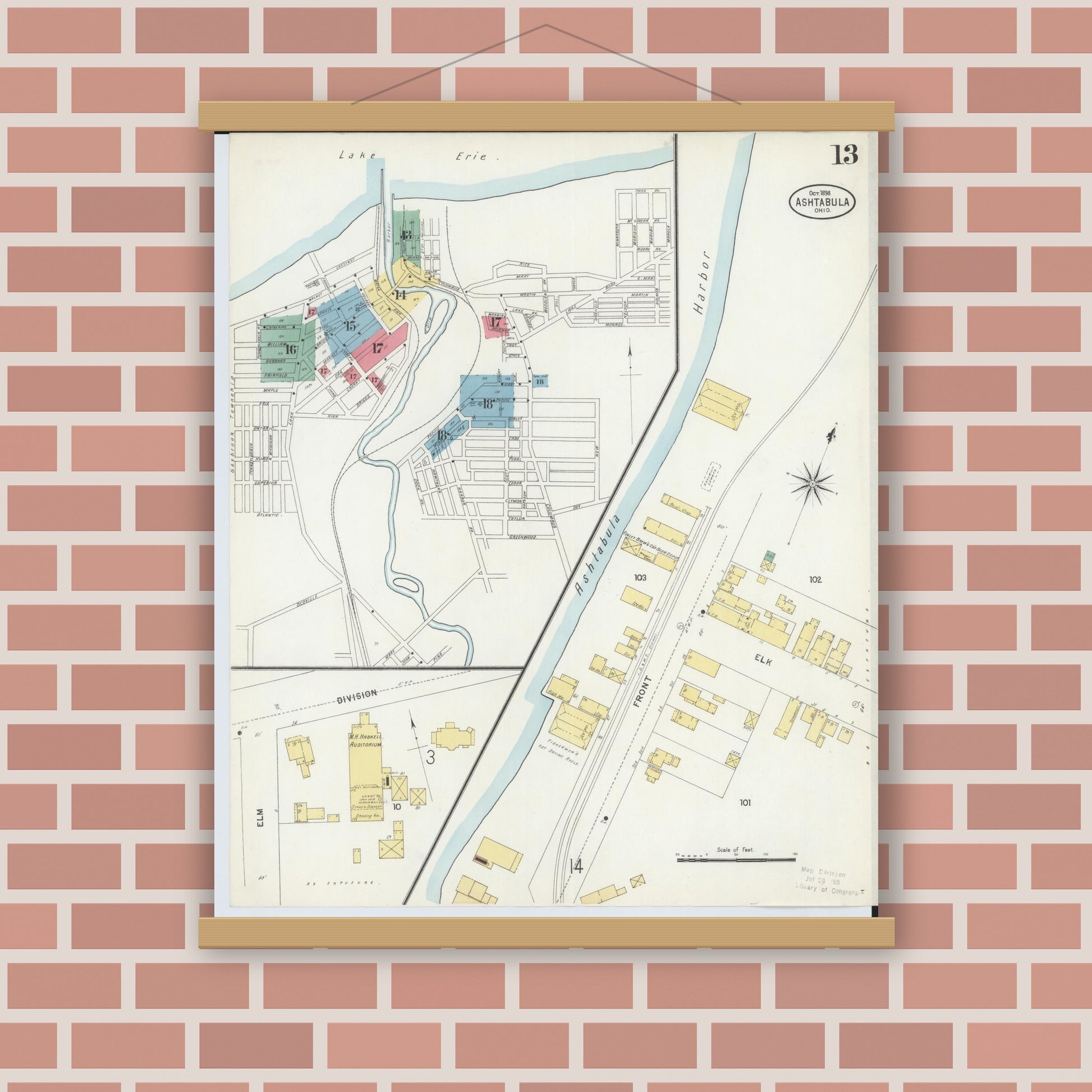 Old map wall art mockup — magnetic wood frame on brick wall — Sanborn Fire Insurance Map from Ashtabula, Ashtabula County, Ohio (1898), Sheet #0013