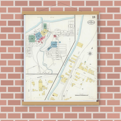 Old map wall art mockup — magnetic wood frame on brick wall — Sanborn Fire Insurance Map from Ashtabula, Ashtabula County, Ohio (1898), Sheet #0013