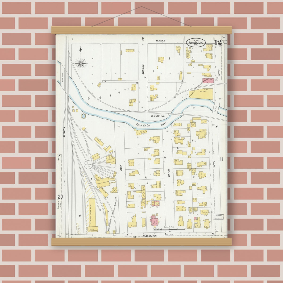 Old map wall art mockup — magnetic wood frame on brick wall — Sanborn Fire Insurance Map from Fond du Lac, Fond du Lac County, Wisconsin (1902), Sheet #0012