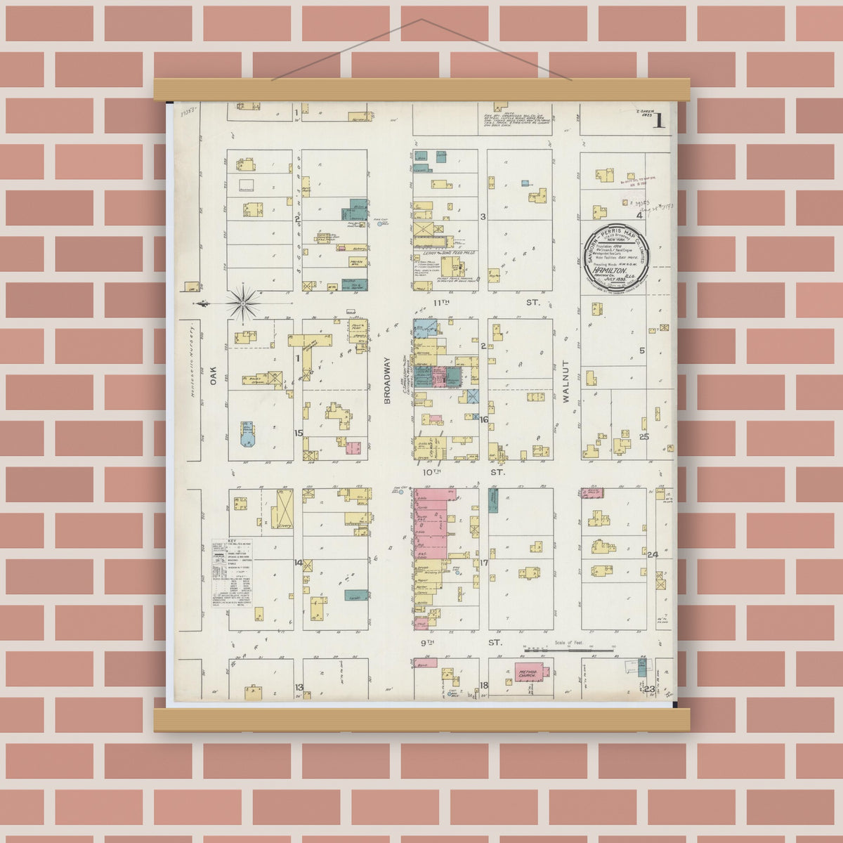 Old map wall art mockup — magnetic wood frame on brick wall — Sanborn Fire Insurance Map from Hamilton, Hancock County, Illinois (1893), Sheet #0001