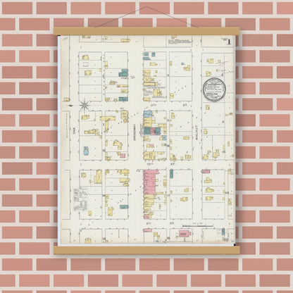 Old map wall art mockup — magnetic wood frame on brick wall — Sanborn Fire Insurance Map from Hamilton, Hancock County, Illinois (1893), Sheet #0001