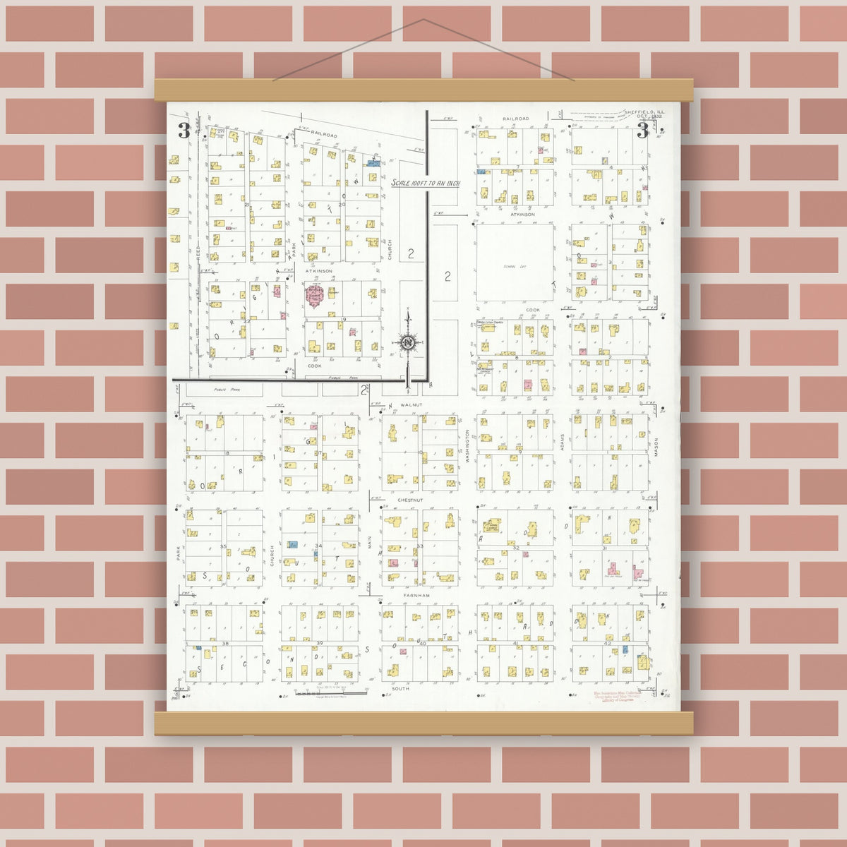 Old map wall art mockup — magnetic wood frame on brick wall — Sanborn Fire Insurance Map from Sheffield, Bureau County, Illinois (1932), Sheet #0003