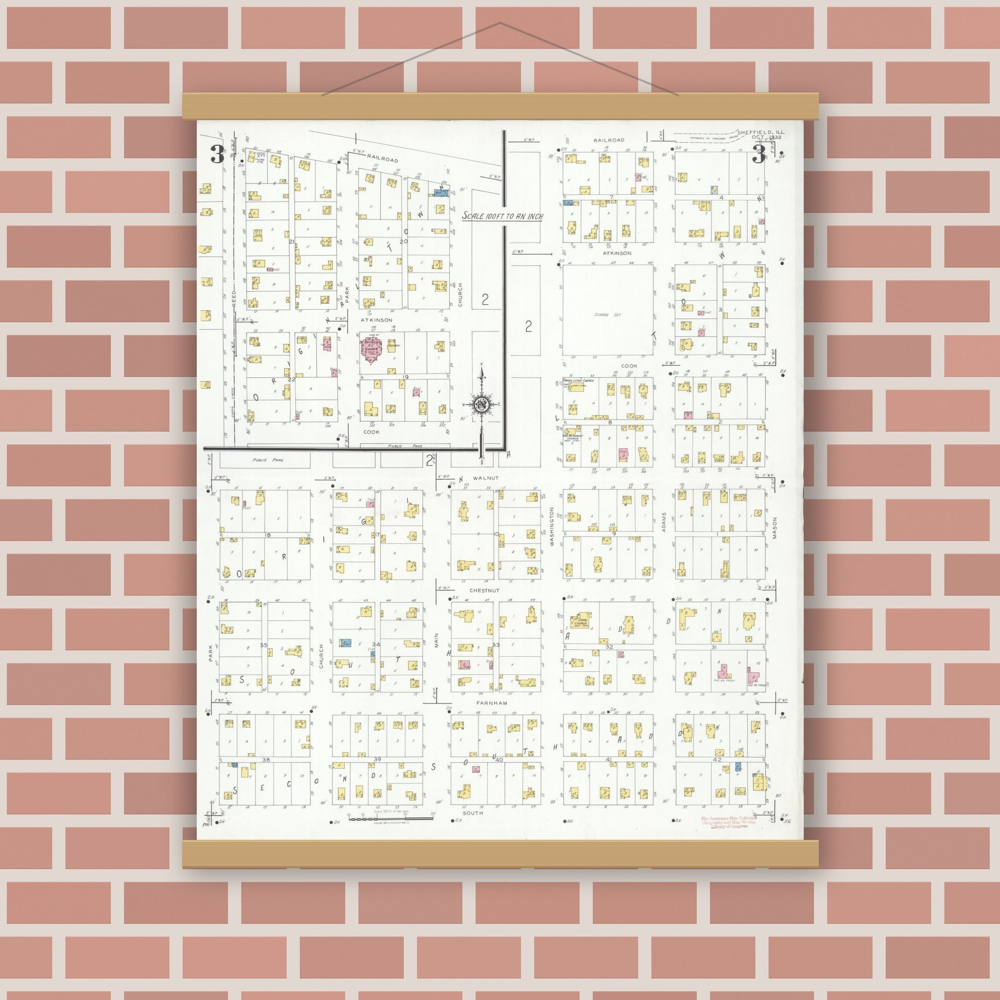 Old map wall art mockup — magnetic wood frame on brick wall — Sanborn Fire Insurance Map from Sheffield, Bureau County, Illinois (1932), Sheet #0003