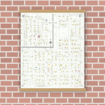 Old map wall art mockup — magnetic wood frame on brick wall — Sanborn Fire Insurance Map from Sheffield, Bureau County, Illinois (1932), Sheet #0003