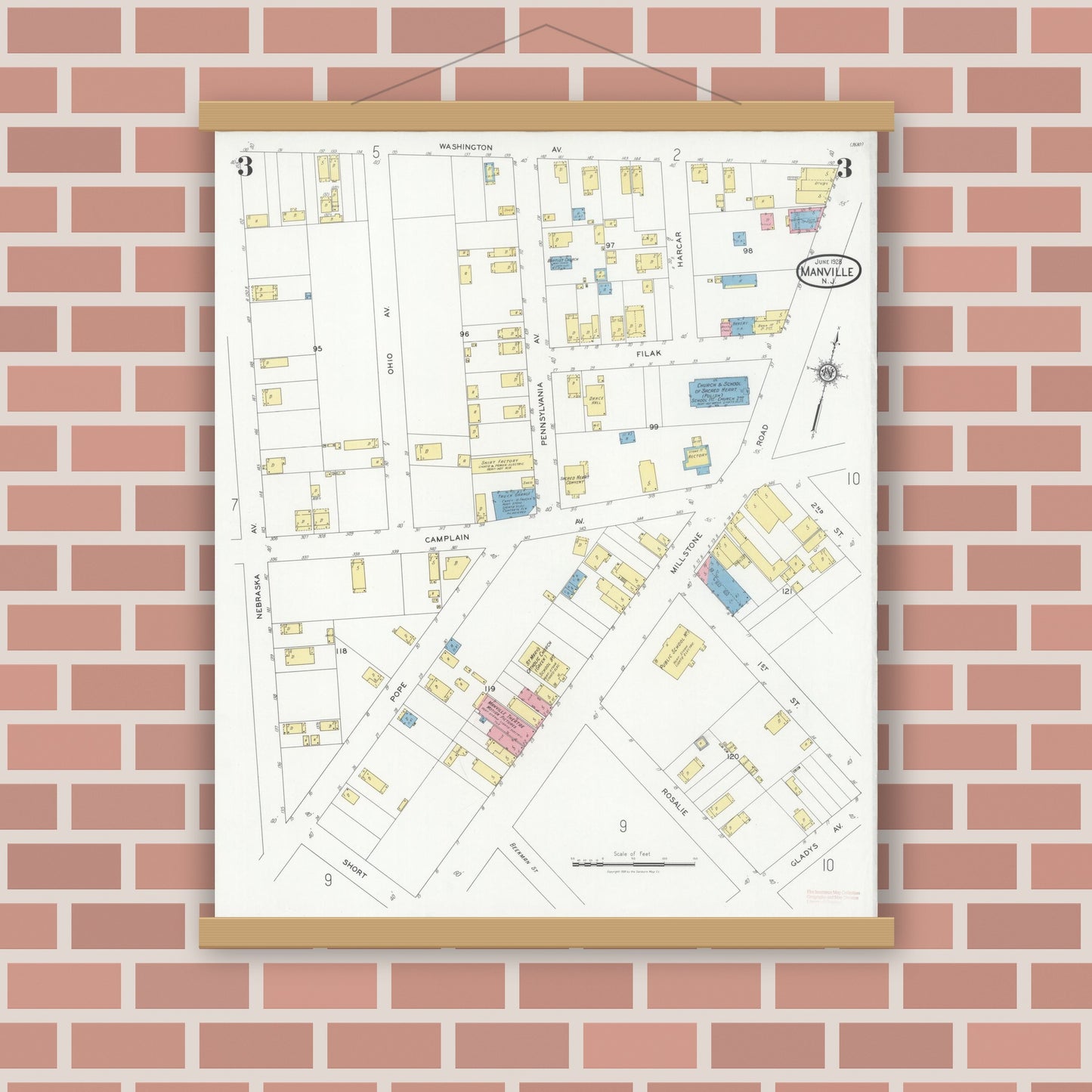 Old map wall art mockup — magnetic wood frame on brick wall — Sanborn Fire Insurance Map from Manville, Somerset County, New Jersey (1928), Sheet #0003