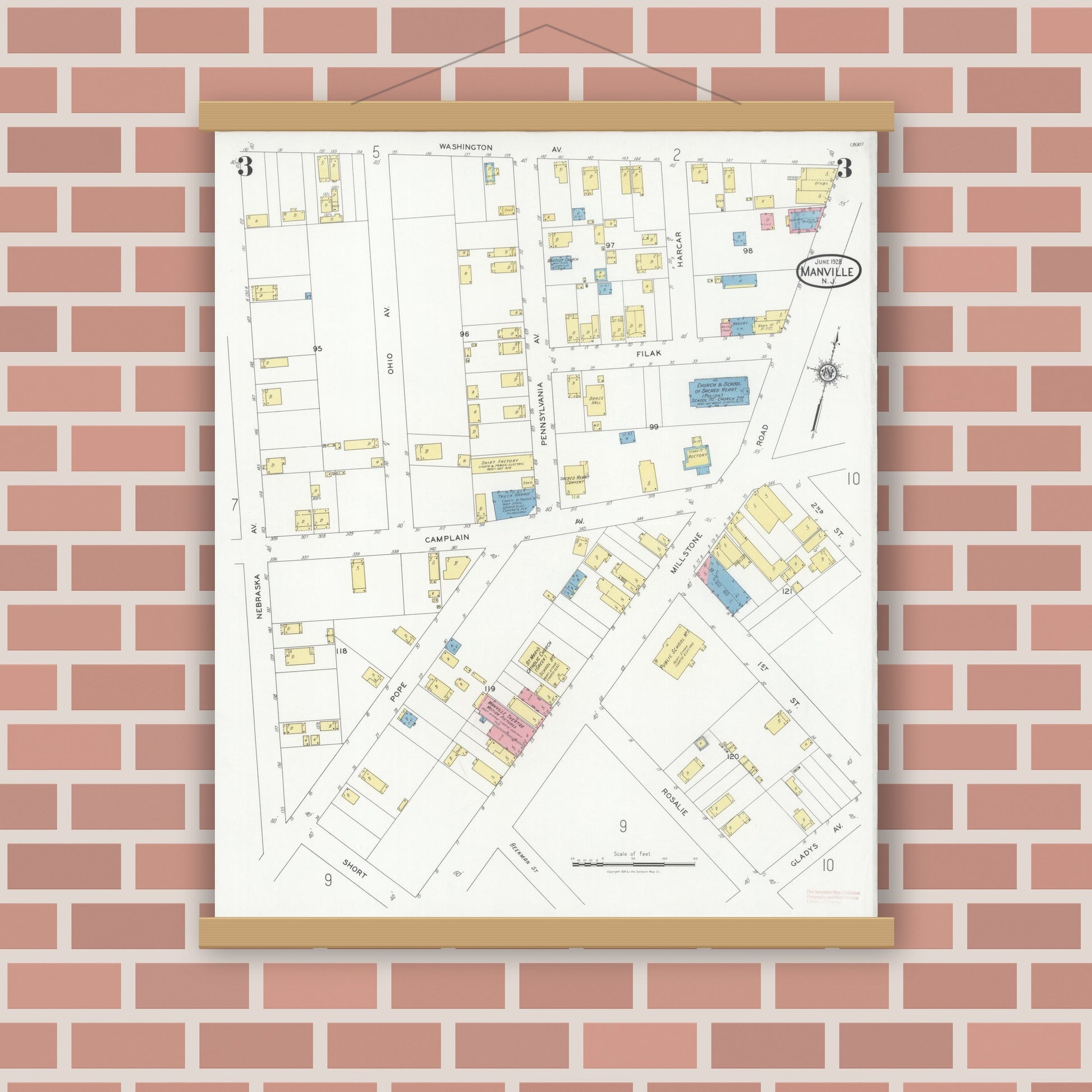 Old map wall art mockup — magnetic wood frame on brick wall — Sanborn Fire Insurance Map from Manville, Somerset County, New Jersey (1928), Sheet #0003