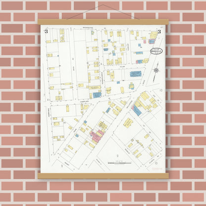 Old map wall art mockup — magnetic wood frame on brick wall — Sanborn Fire Insurance Map from Manville, Somerset County, New Jersey (1928), Sheet #0003