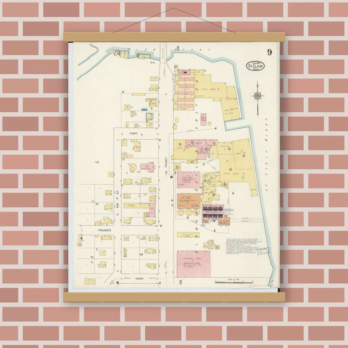 Old map wall art mockup — magnetic wood frame on brick wall — Sanborn Fire Insurance Map from Saint Clair, Saint Clair County, Michigan (1913), Sheet #0009
