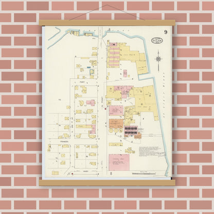 Old map wall art mockup — magnetic wood frame on brick wall — Sanborn Fire Insurance Map from Saint Clair, Saint Clair County, Michigan (1913), Sheet #0009