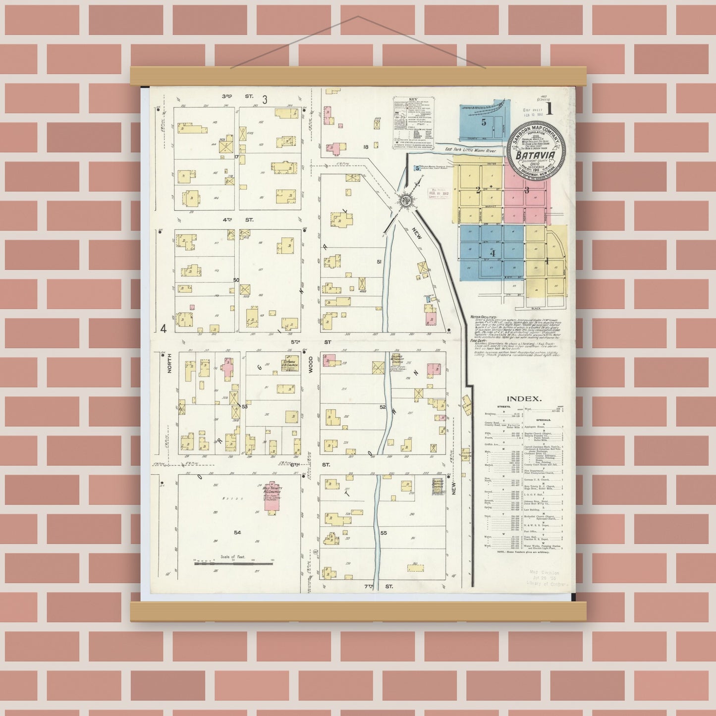 Old map wall art mockup — magnetic wood frame on brick wall — Sanborn Fire Insurance Map from Batavia, Clermont County, Ohio (1911) - Complete Map Set