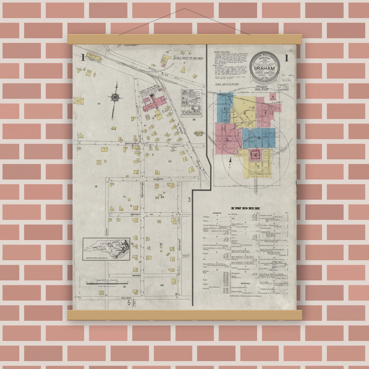 Old map wall art mockup — magnetic wood frame on brick wall — Sanborn Fire Insurance Map from Graham, Alamance County, North Carolina (1924) - Complete Map Set