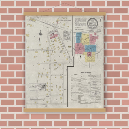 Old map wall art mockup — magnetic wood frame on brick wall — Sanborn Fire Insurance Map from Graham, Alamance County, North Carolina (1924) - Complete Map Set