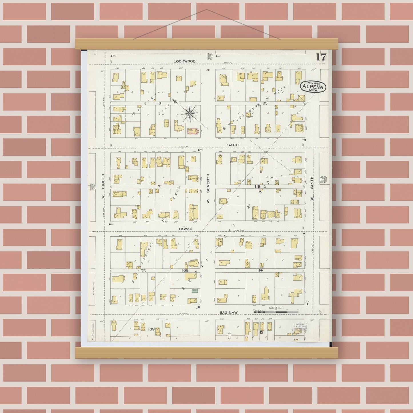 Old map wall art mockup — magnetic wood frame on brick wall — Sanborn Fire Insurance Map from Alpena, Alpena County, Michigan (1895), Sheet #0017