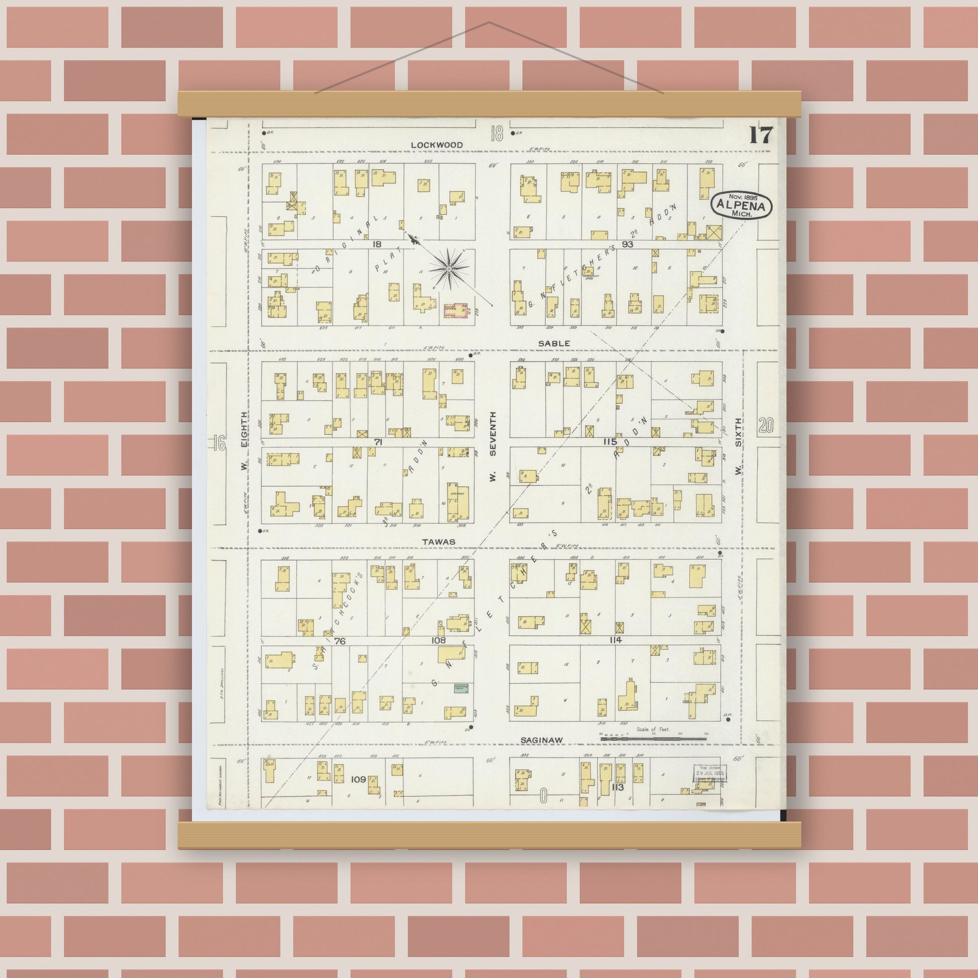 Old map wall art mockup — magnetic wood frame on brick wall — Sanborn Fire Insurance Map from Alpena, Alpena County, Michigan (1895), Sheet #0017