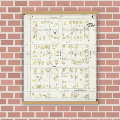 Old map wall art mockup — magnetic wood frame on brick wall — Sanborn Fire Insurance Map from Alpena, Alpena County, Michigan (1895), Sheet #0017