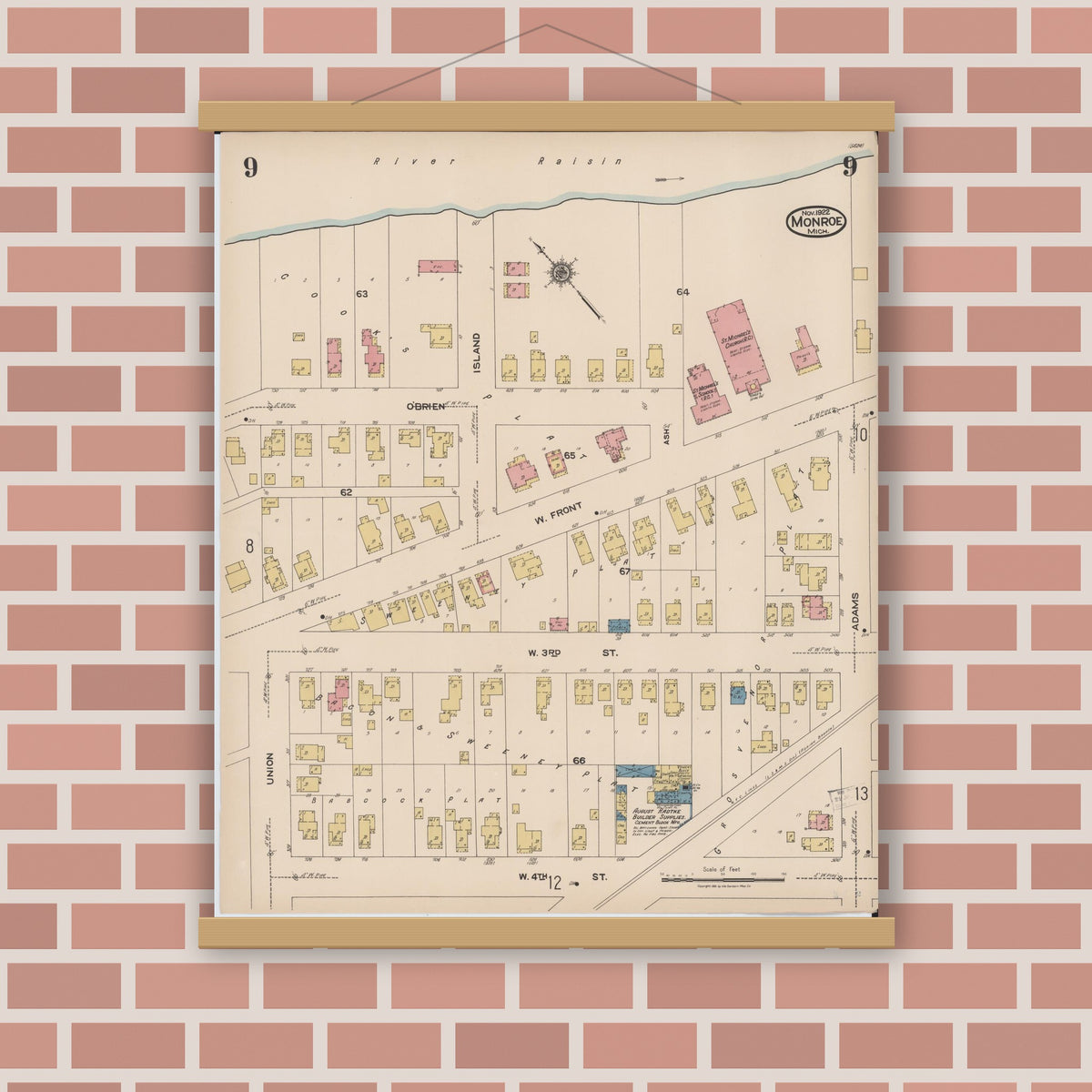 Old map wall art mockup — magnetic wood frame on brick wall — Sanborn Fire Insurance Map from Monroe, Monroe County, Michigan (1922), Sheet #0009