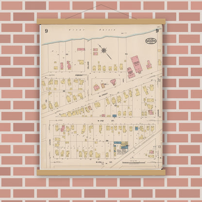 Old map wall art mockup — magnetic wood frame on brick wall — Sanborn Fire Insurance Map from Monroe, Monroe County, Michigan (1922), Sheet #0009