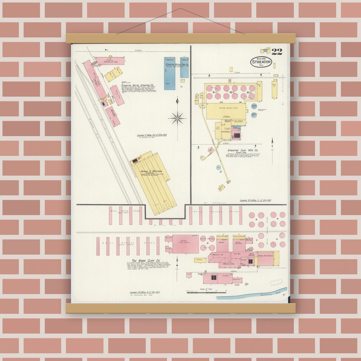 Old map wall art mockup — magnetic wood frame on brick wall — Sanborn Fire Insurance Map from Streator, La Salle County, Illinois (1909), Sheet #0022