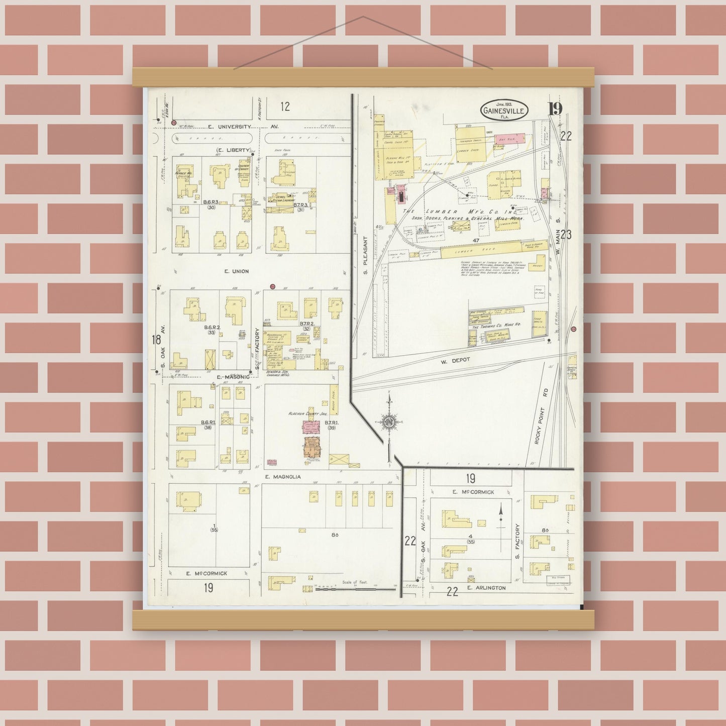 Old map wall art mockup — magnetic wood frame on brick wall — Sanborn Fire Insurance Map from Gainesville, Alachua County, Florida (1913), Sheet #0019