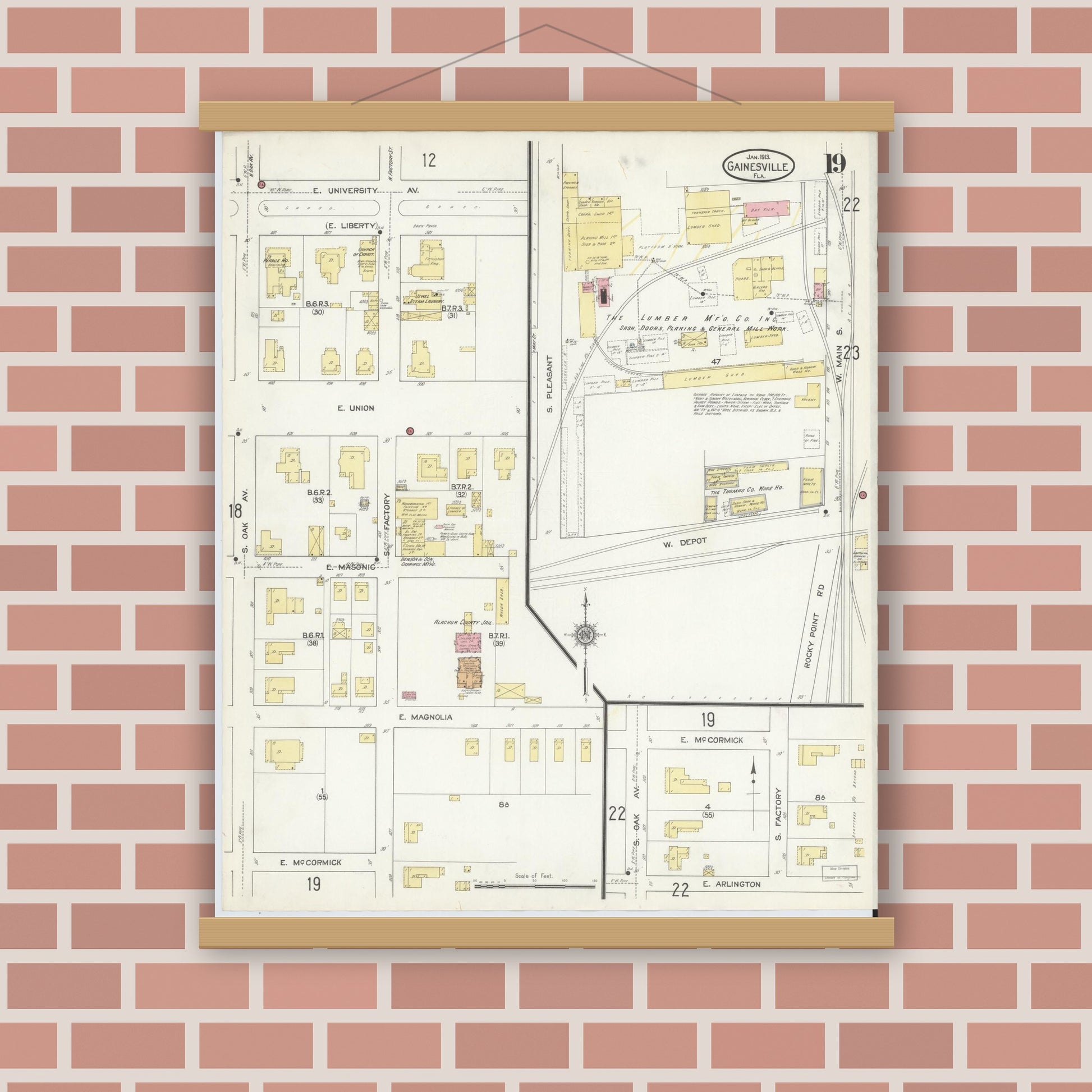 Old map wall art mockup — magnetic wood frame on brick wall — Sanborn Fire Insurance Map from Gainesville, Alachua County, Florida (1913), Sheet #0019