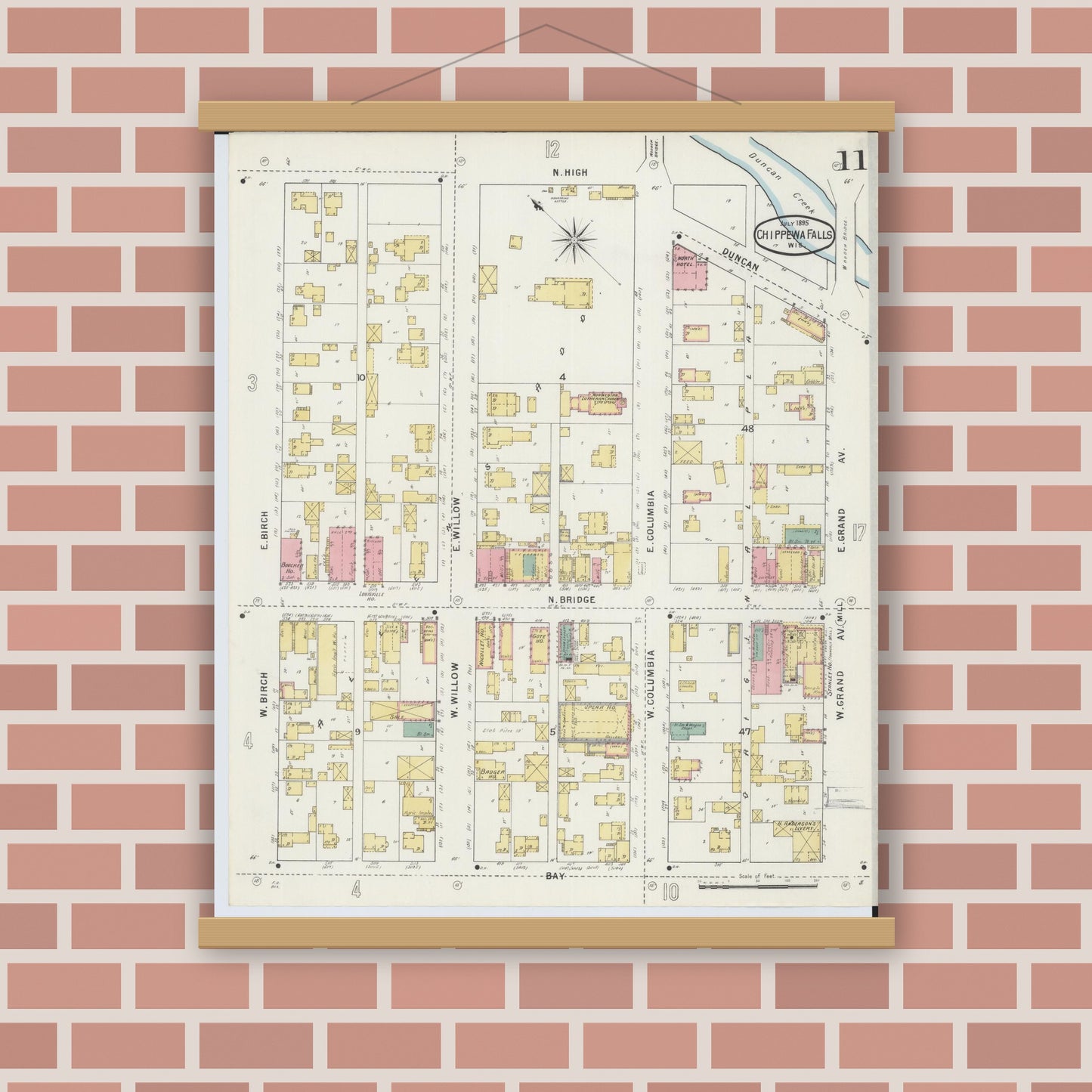 Old map wall art mockup — magnetic wood frame on brick wall — Sanborn Fire Insurance Map from Chippewa Falls, Chippewa County, Wisconsin (1895), Sheet #0011
