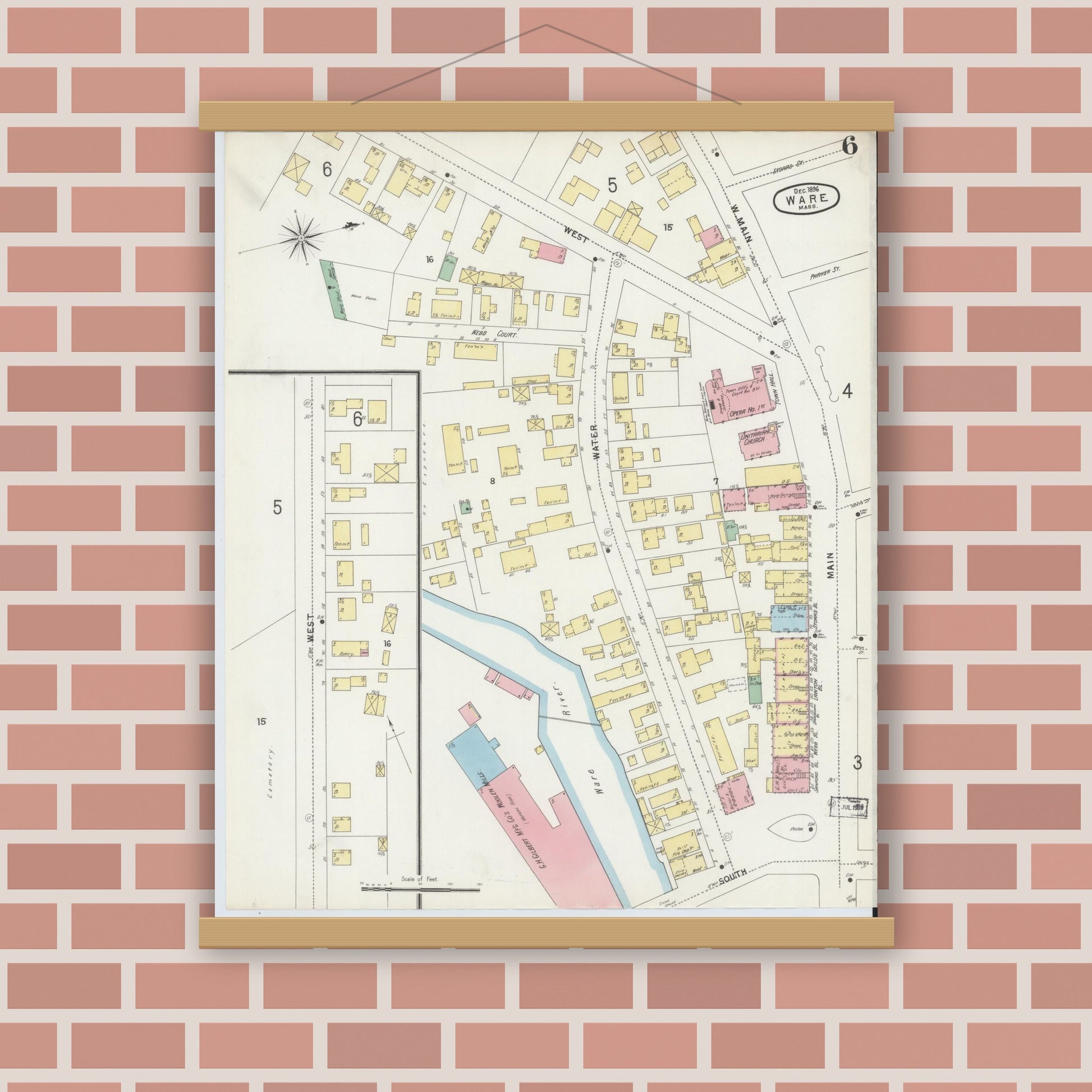 Old map wall art mockup — magnetic wood frame on brick wall — Sanborn Fire Insurance Map from Ware, Hampshire County, Massachusetts (1896), Sheet #0006