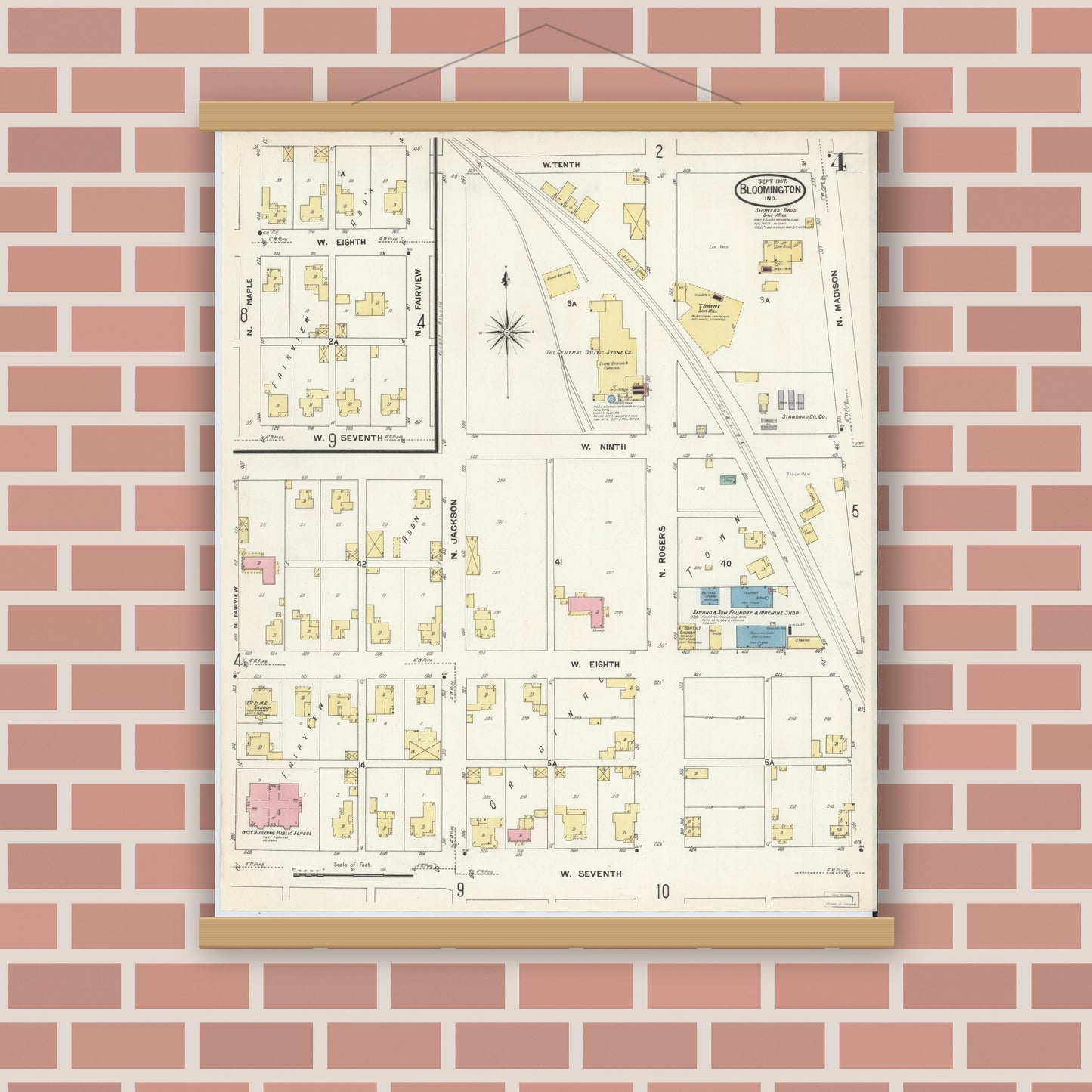 Old map wall art mockup — magnetic wood frame on brick wall — Sanborn Fire Insurance Map from Bloomington, Monroe County, Indiana (1907), Sheet #0004