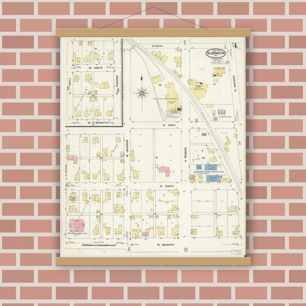 Old map wall art mockup — magnetic wood frame on brick wall — Sanborn Fire Insurance Map from Bloomington, Monroe County, Indiana (1907), Sheet #0004