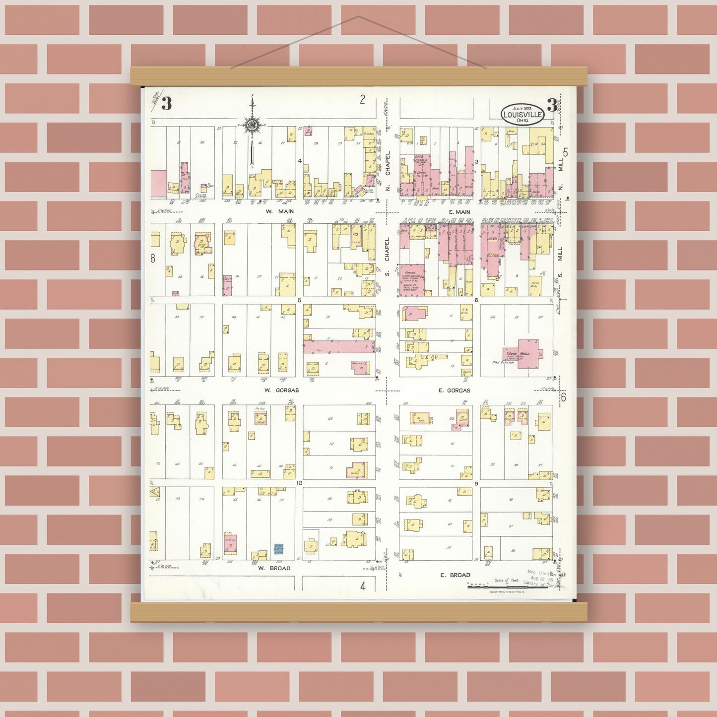 Old map wall art mockup — magnetic wood frame on brick wall — Sanborn Fire Insurance Map from Louisville, Stark County, Ohio (1923), Sheet #0003