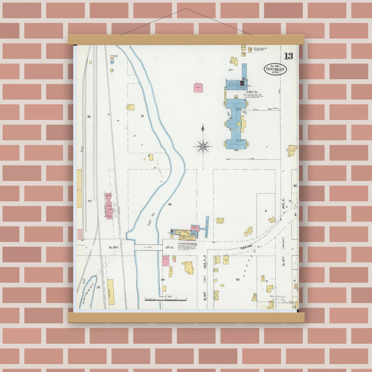 Old map wall art mockup — magnetic wood frame on brick wall — Sanborn Fire Insurance Map from Faribault, Rice County, Minnesota (1905), Sheet #0013