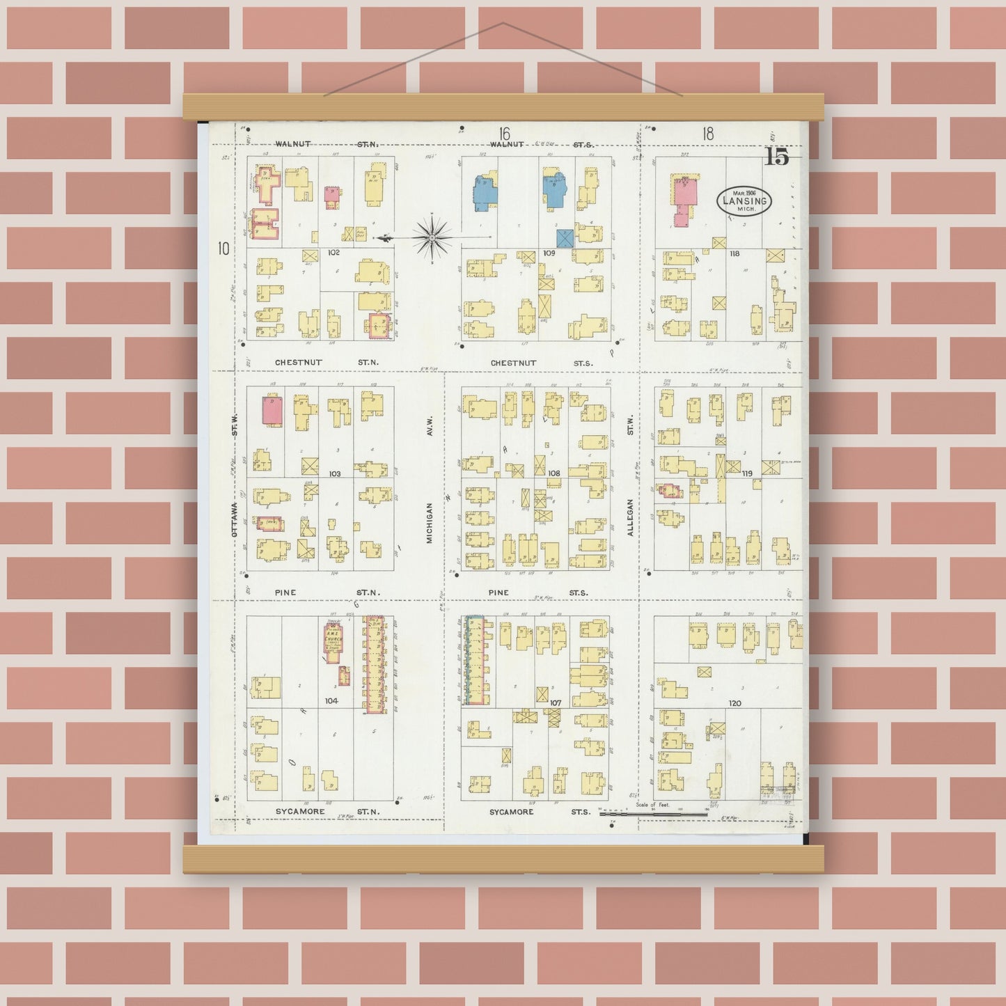 Old map wall art mockup — magnetic wood frame on brick wall — Sanborn Fire Insurance Map from Lansing, Ingham County, Michigan (1906), Sheet #0015