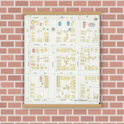 Old map wall art mockup — magnetic wood frame on brick wall — Sanborn Fire Insurance Map from Lansing, Ingham County, Michigan (1906), Sheet #0015