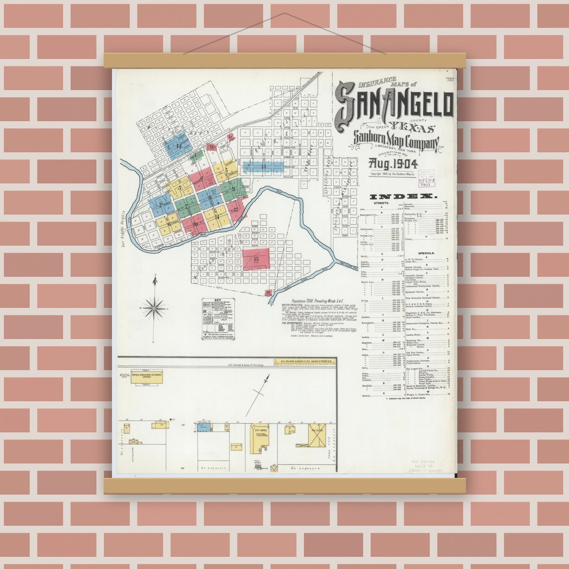 Old map wall art mockup — magnetic wood frame on brick wall — Sanborn Fire Insurance Map from San Angelo, Tom Green County, Texas (1904), Sheet #0001