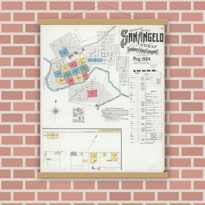 Old map wall art mockup — magnetic wood frame on brick wall — Sanborn Fire Insurance Map from San Angelo, Tom Green County, Texas (1904), Sheet #0001