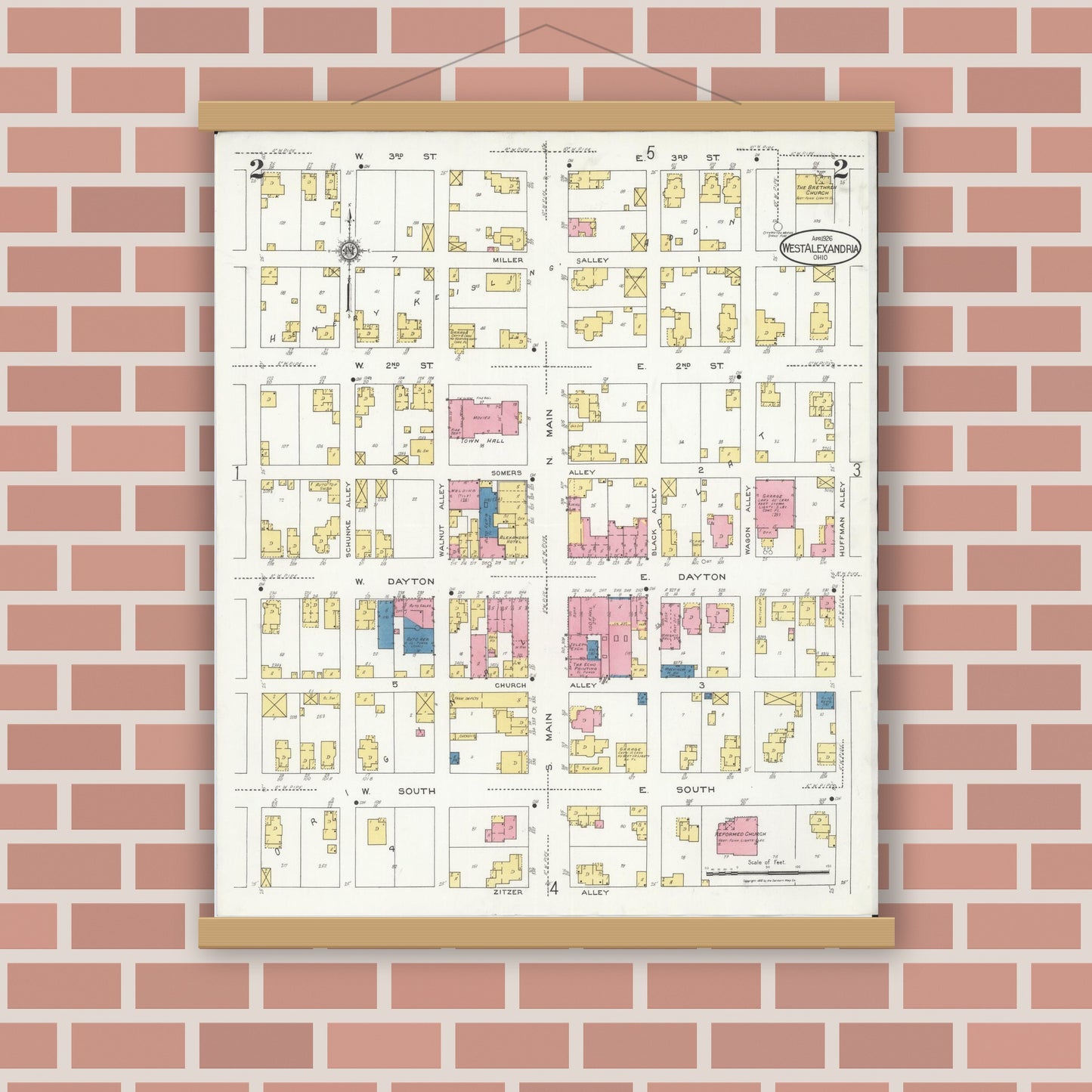 Old map wall art mockup — magnetic wood frame on brick wall — Sanborn Fire Insurance Map from West Alexandria, Preble County, Ohio (1926), Sheet #0002