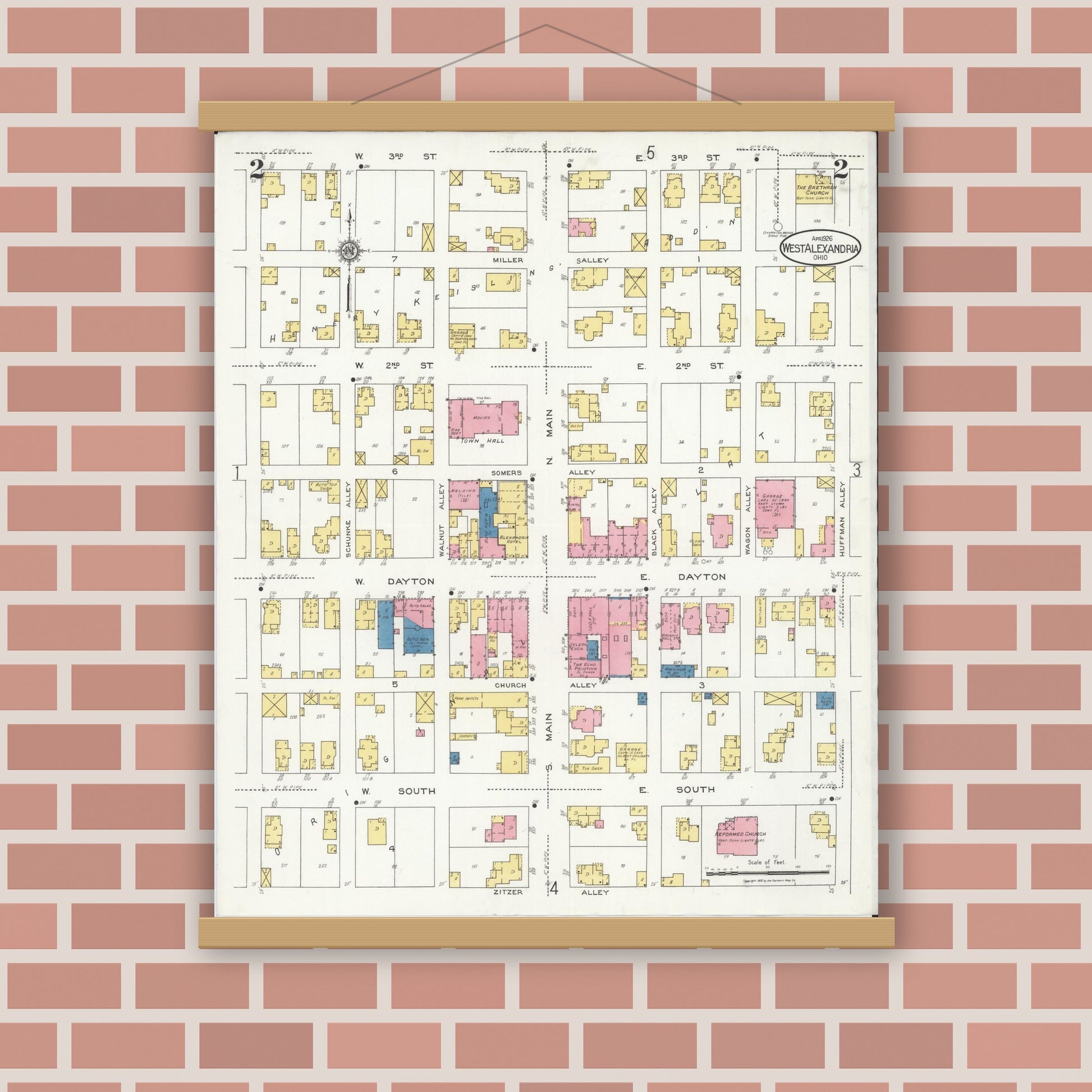 Old map wall art mockup — magnetic wood frame on brick wall — Sanborn Fire Insurance Map from West Alexandria, Preble County, Ohio (1926), Sheet #0002