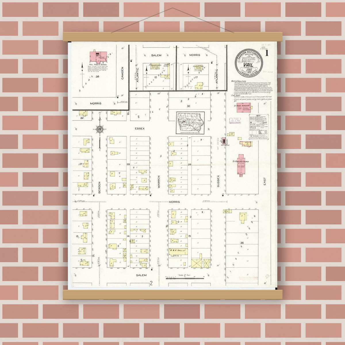 Old map wall art mockup — magnetic wood frame on brick wall — Sanborn Fire Insurance Map from Vail, Crawford County, Iowa (1913) â€” Complete Set