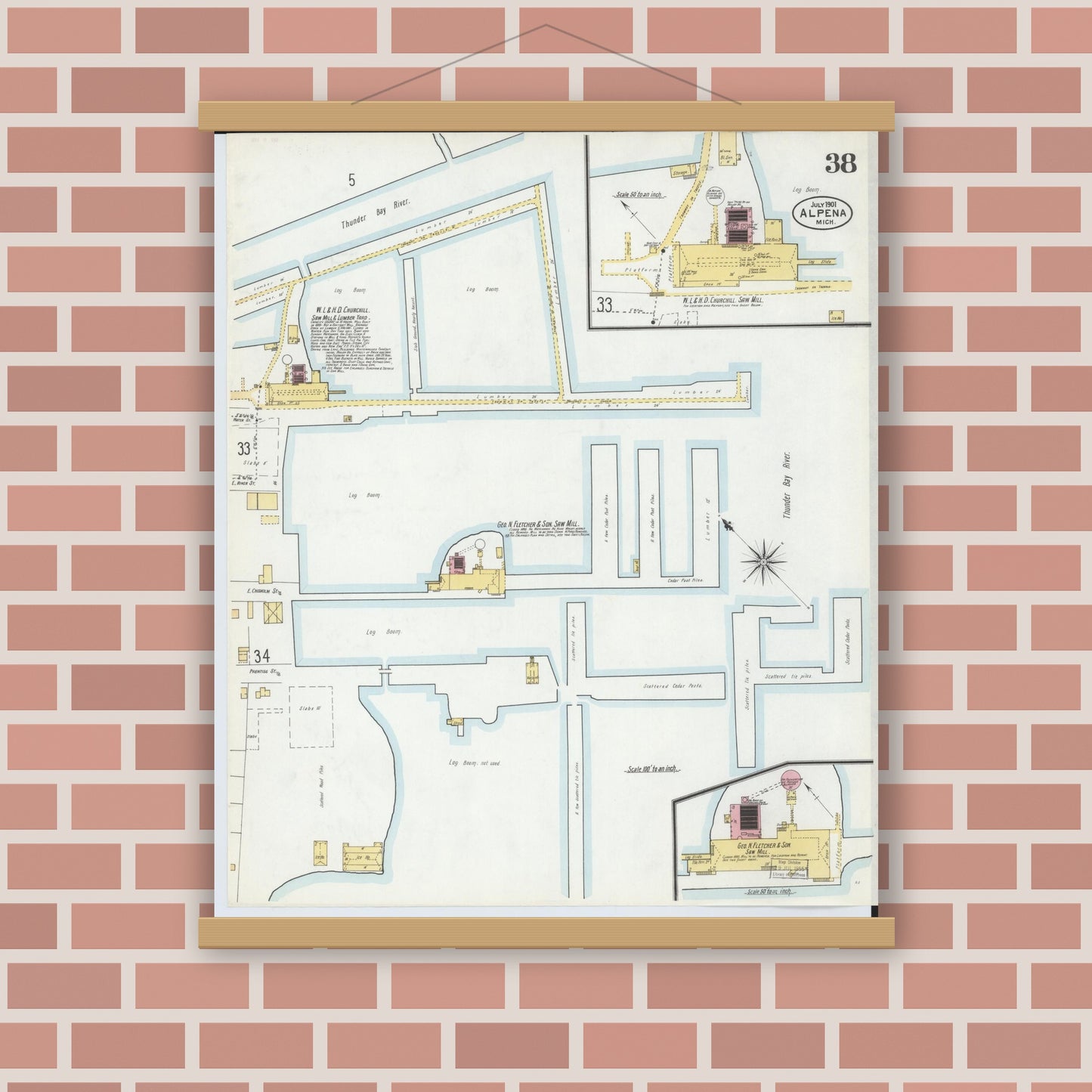 Old map wall art mockup — magnetic wood frame on brick wall — Sanborn Fire Insurance Map from Alpena, Alpena County, Michigan (1901), Sheet #0038