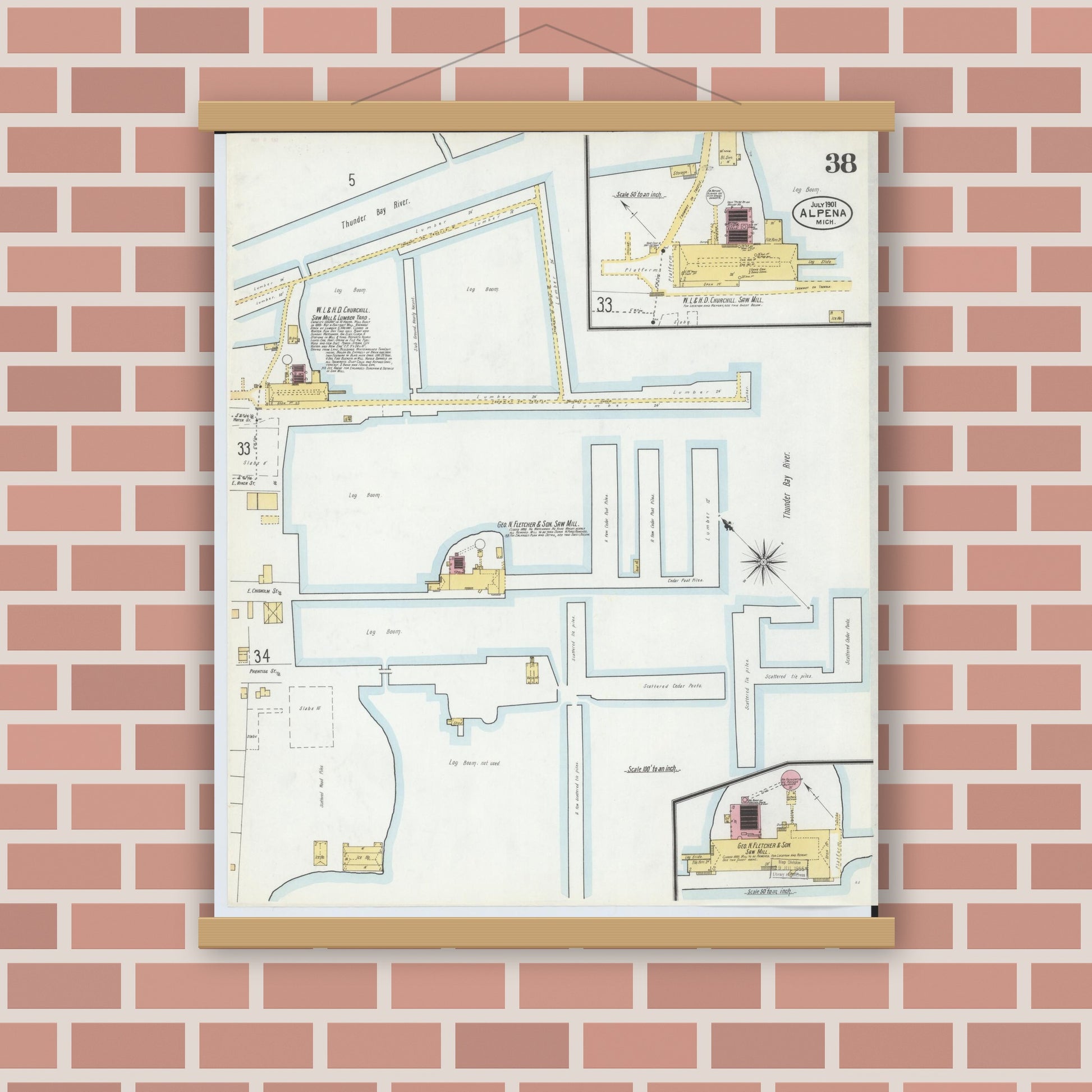Old map wall art mockup — magnetic wood frame on brick wall — Sanborn Fire Insurance Map from Alpena, Alpena County, Michigan (1901), Sheet #0038